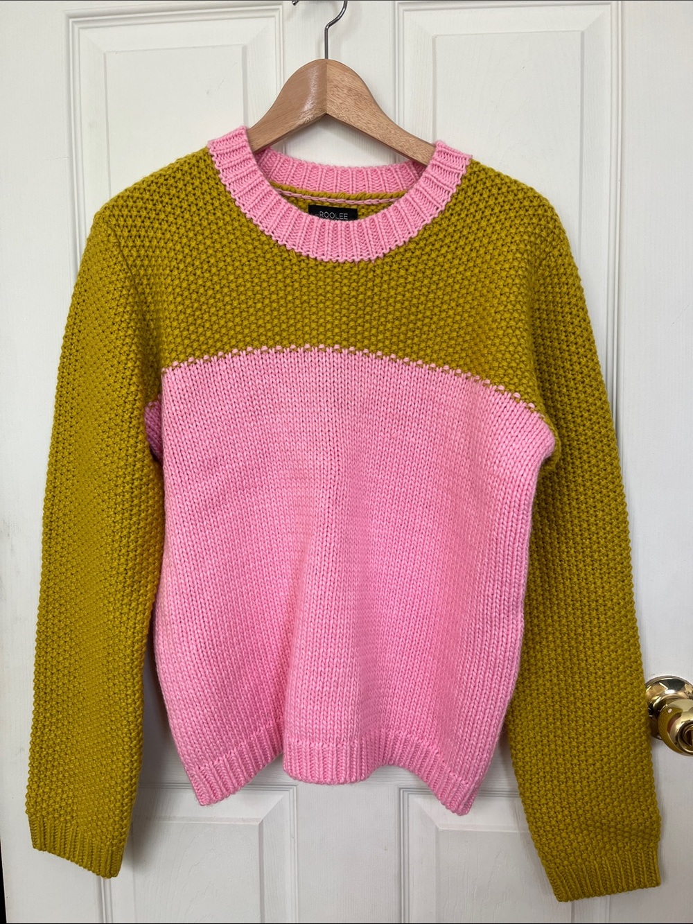 Roolee NWT Pink and Chartreuse Colorblock Crewneck Sweater XL